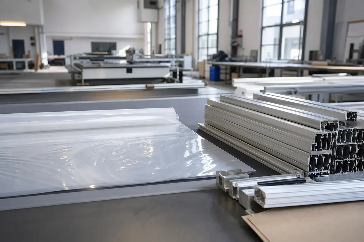 ETFE film fabrication atelier with precision cutting table and aluminium clamp profiles