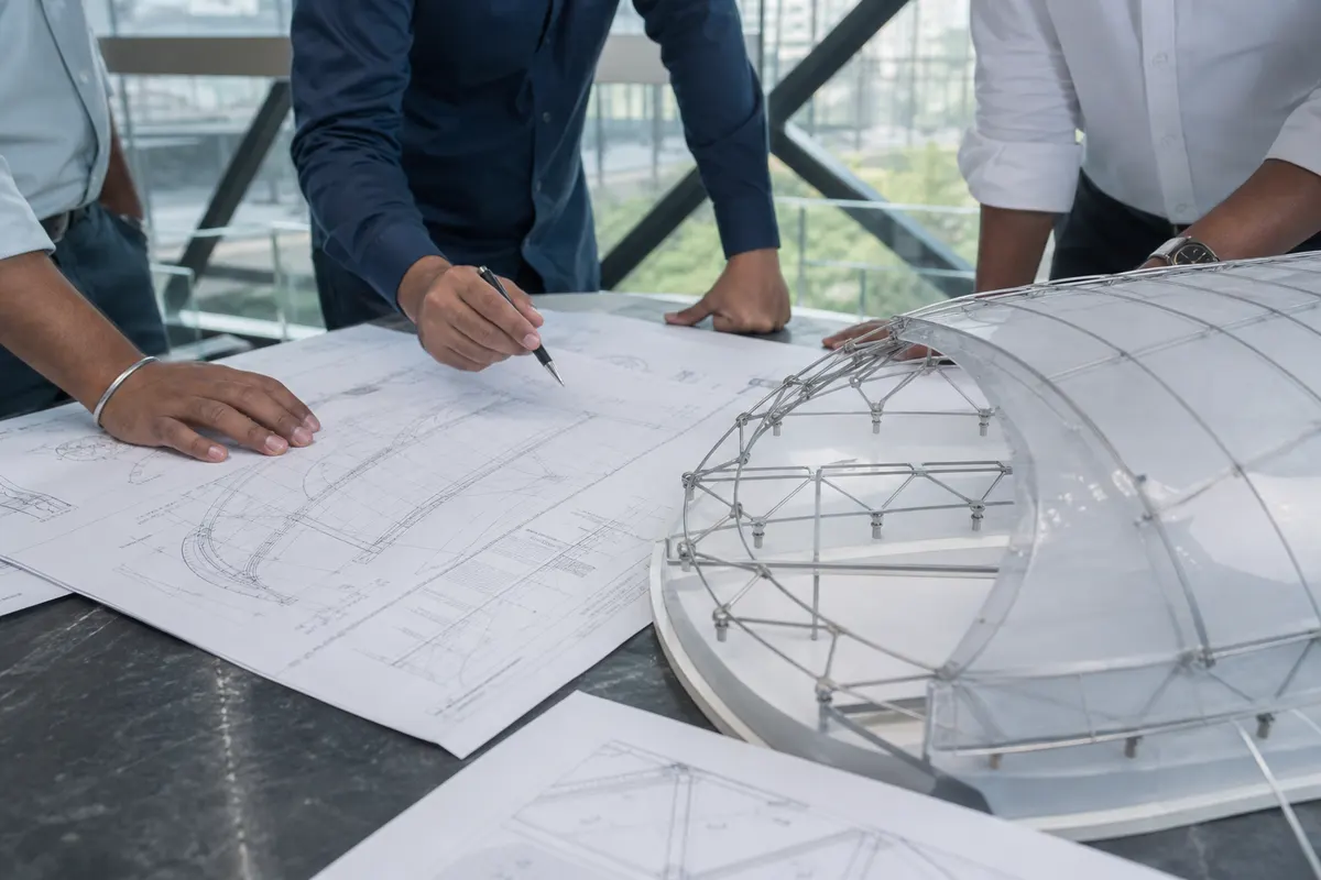 Engineers reviewing ETFE roof drawings and a translucent membrane model on a studio table