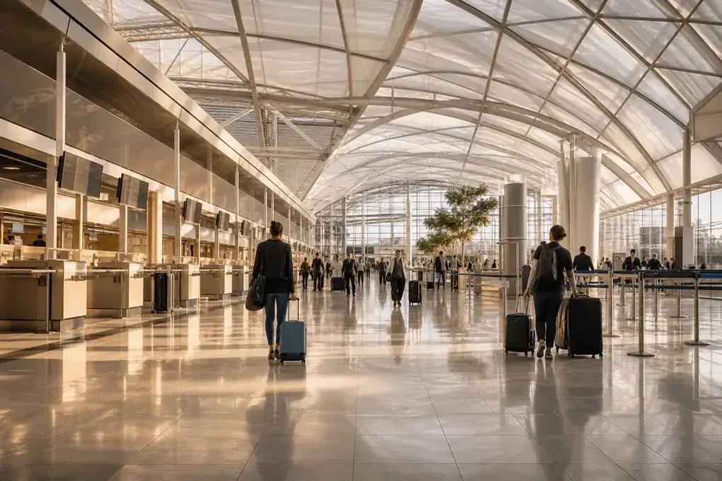 Natural daylight washing an airport check-in hall through an ETFE roof — Airport ETFE Roofing systems