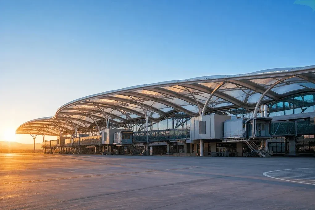 Exterior silhouette of a modern airport terminal ETFE roof — Airport ETFE Roofing systems