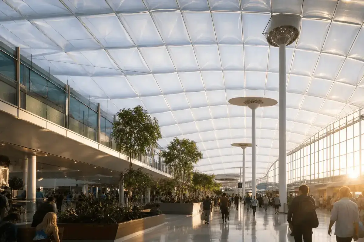 Airport interior looking up at a daylit ETFE cushion roof — Airport ETFE Roofing systems
