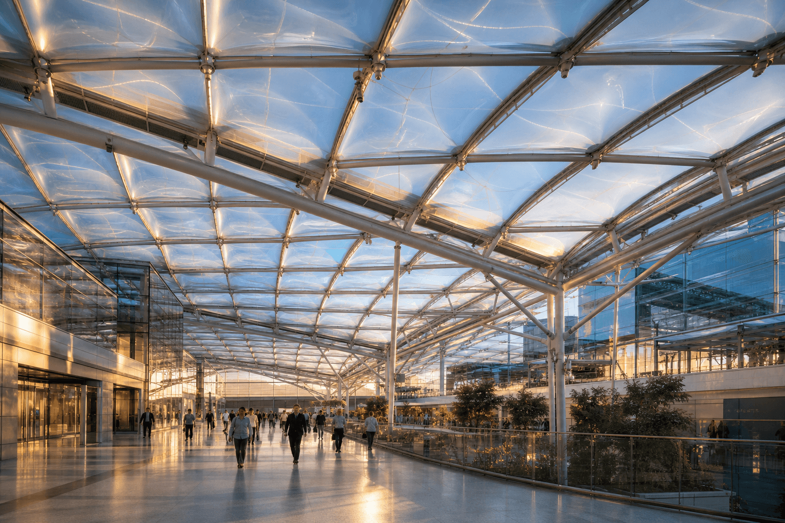 Wide translucent ETFE airport terminal roof glowing at dusk over a modern concourse