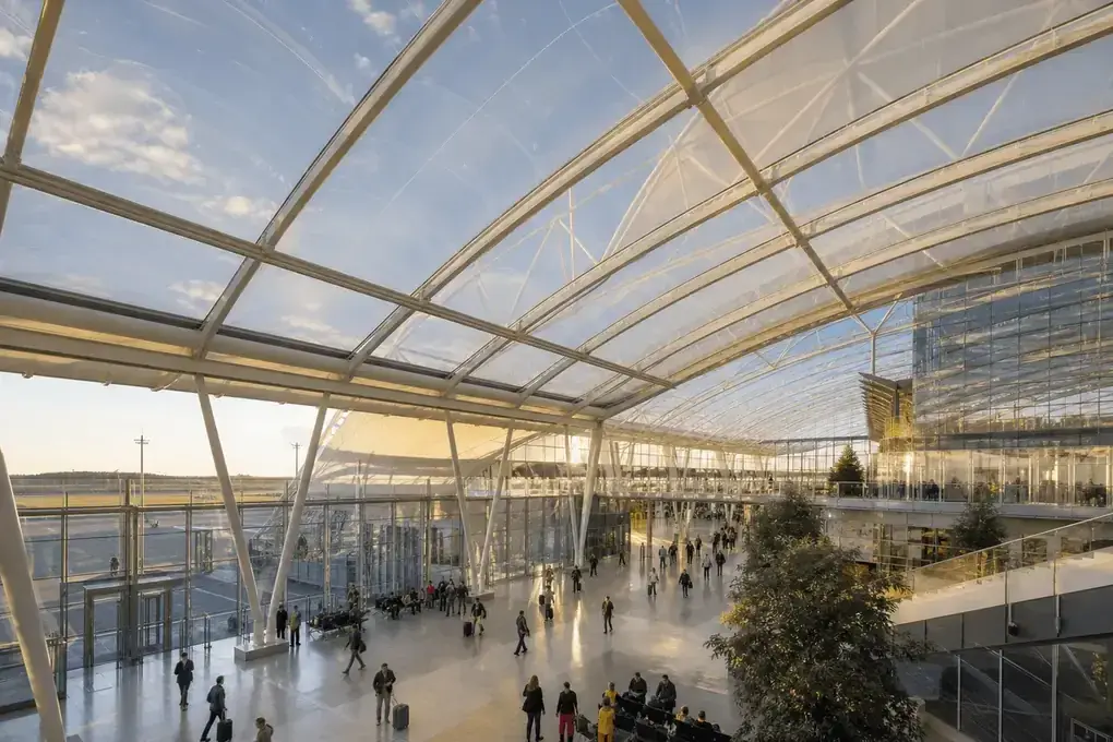 Daylit international airport terminal under a translucent ETFE air cushion roof — Airport ETFE Roofing systems