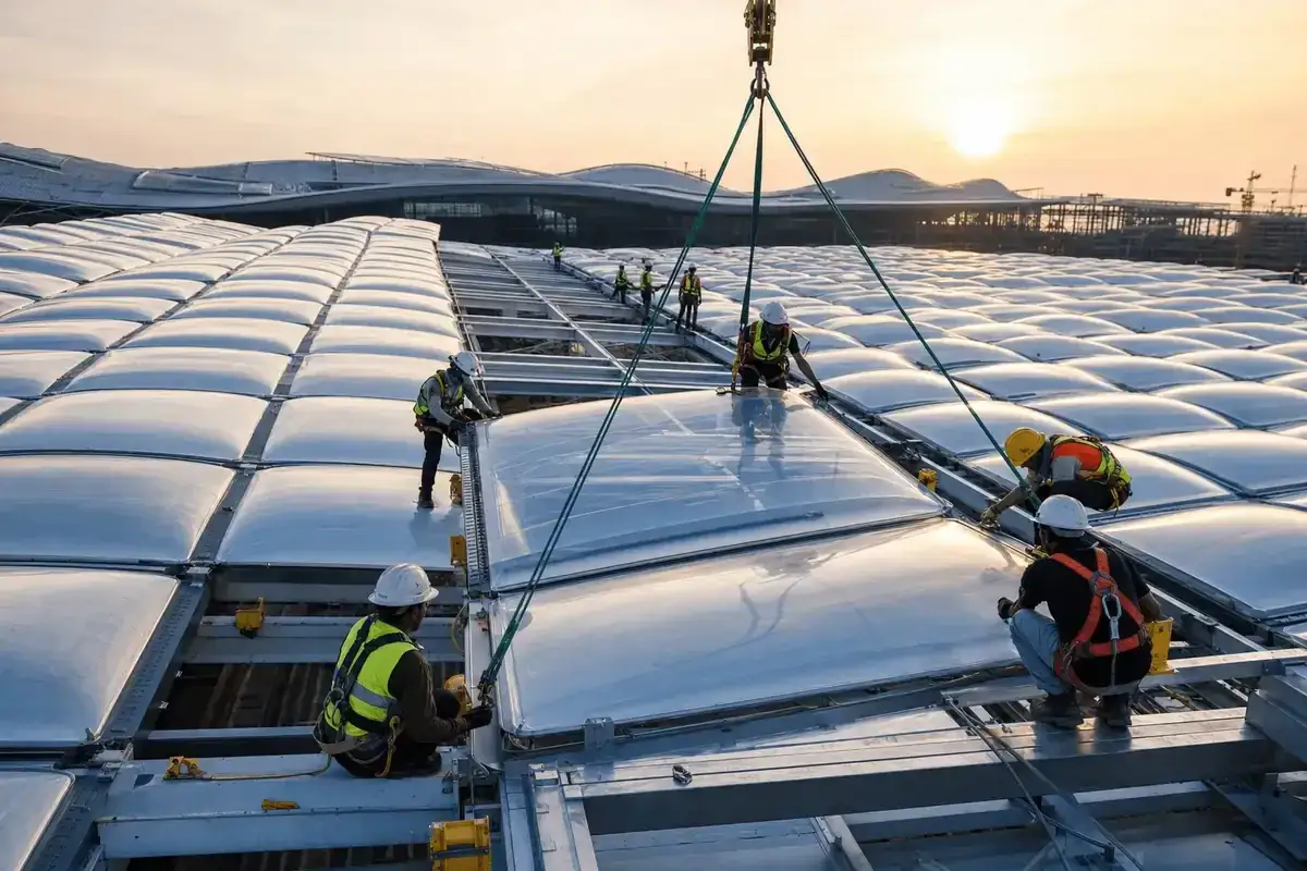 Construction crew installing ETFE cushion modules on an airport roof grid — Airport ETFE Roofing systems