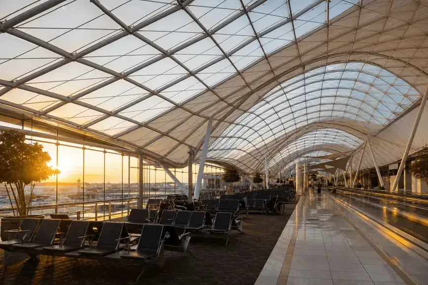 Airport concourse interior with sweeping ETFE skylight roof — Airport ETFE Roofing systems