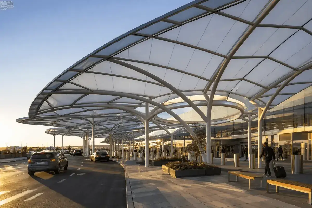 Landside airport entrance with elegant ETFE canopy — Airport ETFE Roofing