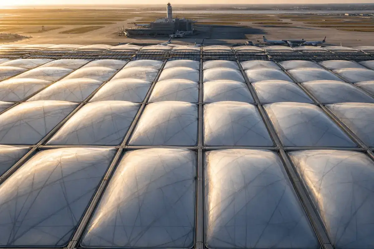 Multi-layer ETFE air cushion roof modules on airport steel grid — Airport ETFE Roofing systems