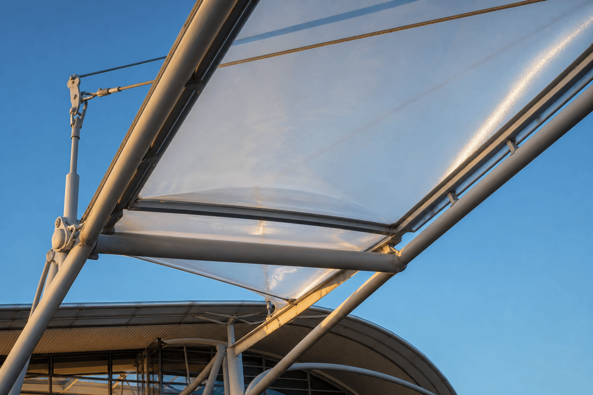 Translucent ETFE film membrane on architectural canopy structure