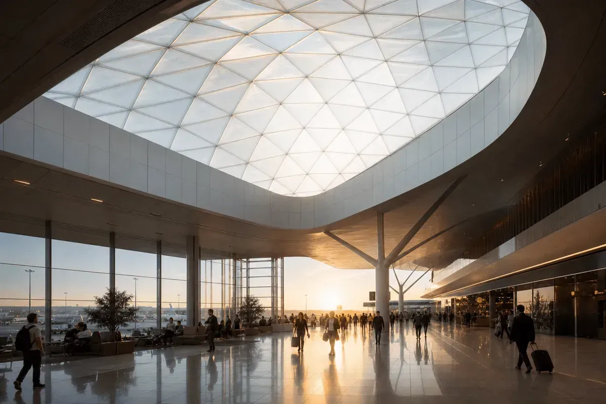 Airport atrium ETFE skylight bringing daylight into the terminal — Airport ETFE Roofing systems