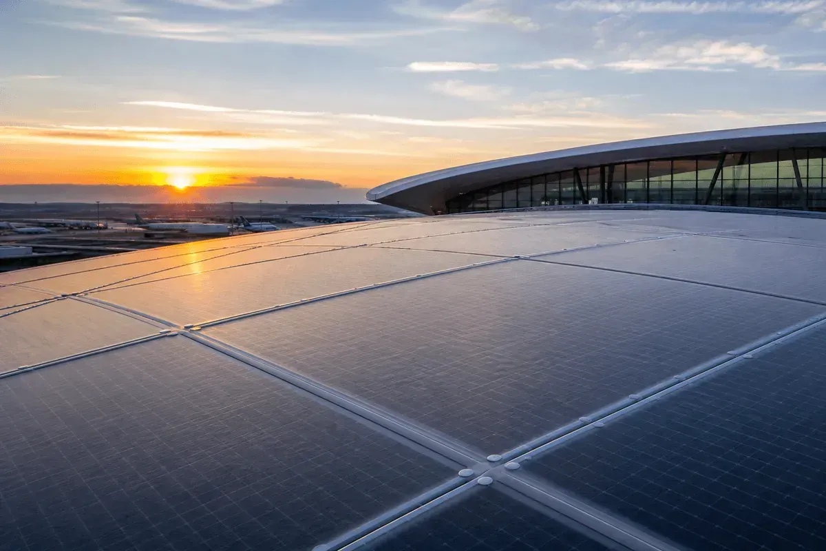 Transparent ETFE solar film integrated on a modern roof surface — Airport ETFE Roofing systems