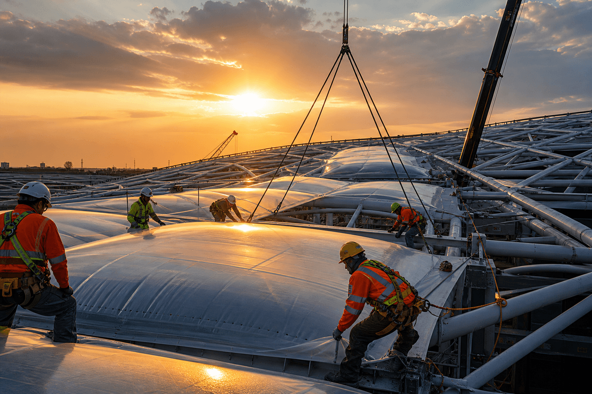 Still of multi-layer ETFE air cushion installation on a long-span roof