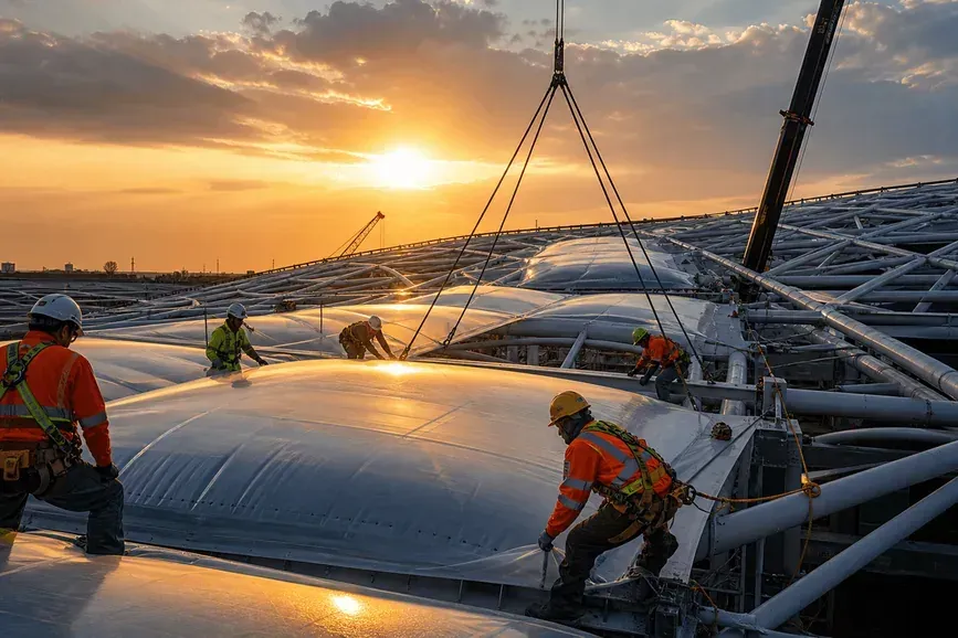 Still of multi-layer ETFE air cushion installation on a long-span roof — Airport ETFE Roofing systems