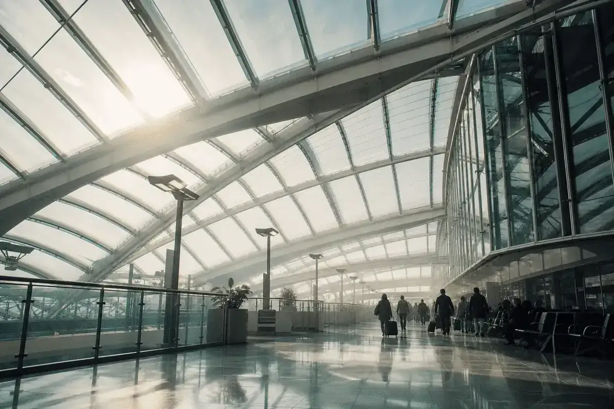 Still of daylight moving across a translucent ETFE airport canopy — Airport ETFE Roofing systems