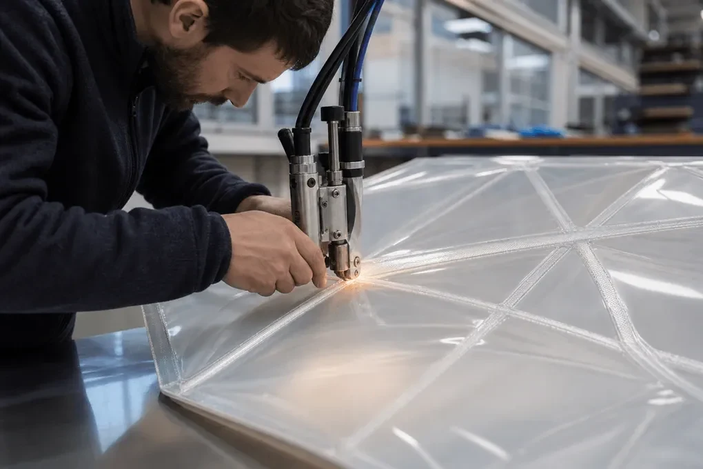 Still of precision welding and fabrication of ETFE film modules — Airport ETFE Roofing systems