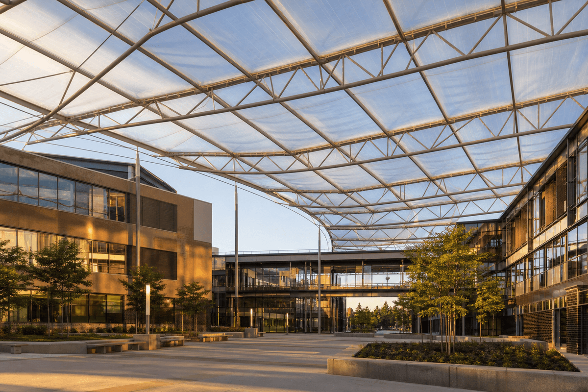 Long-span translucent ETFE roof over a college campus atrium