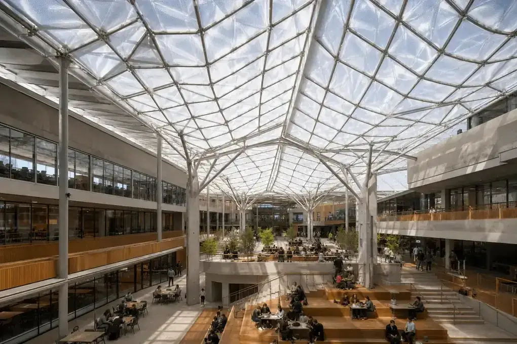 Natural daylight washing a college campus atrium through an ETFE roof — College Campus ETFE Roofing systems