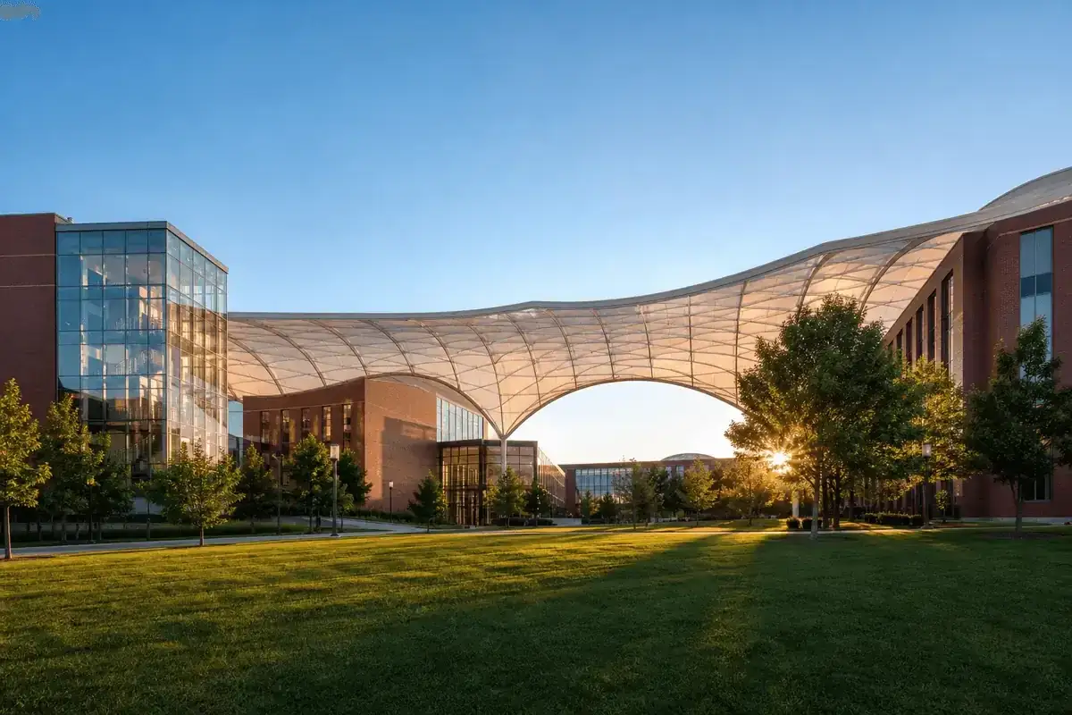 Exterior of a modern college campus with ETFE roof — College Campus ETFE Roofing