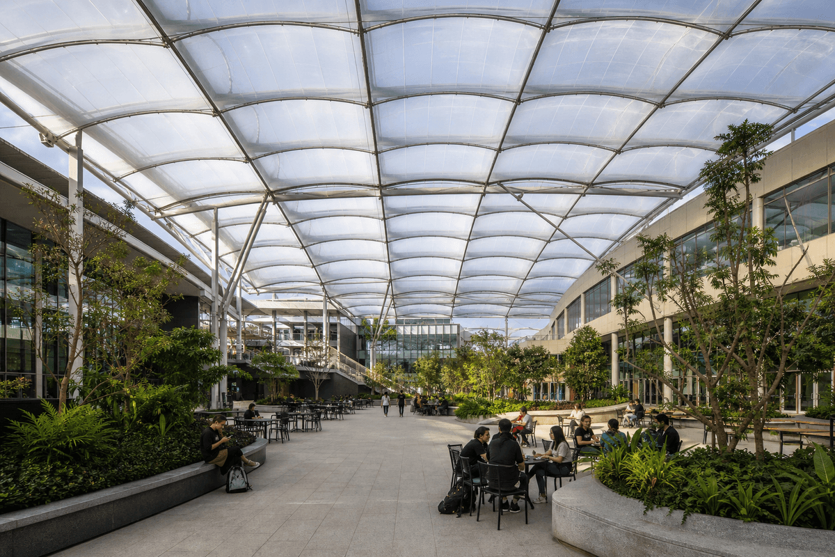 Primary space under a luminous ETFE air cushion roof