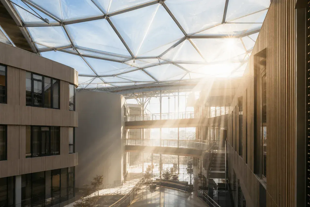 Translucent ETFE ceiling plane washing interiors with daylight — College Campus ETFE Roofing systems