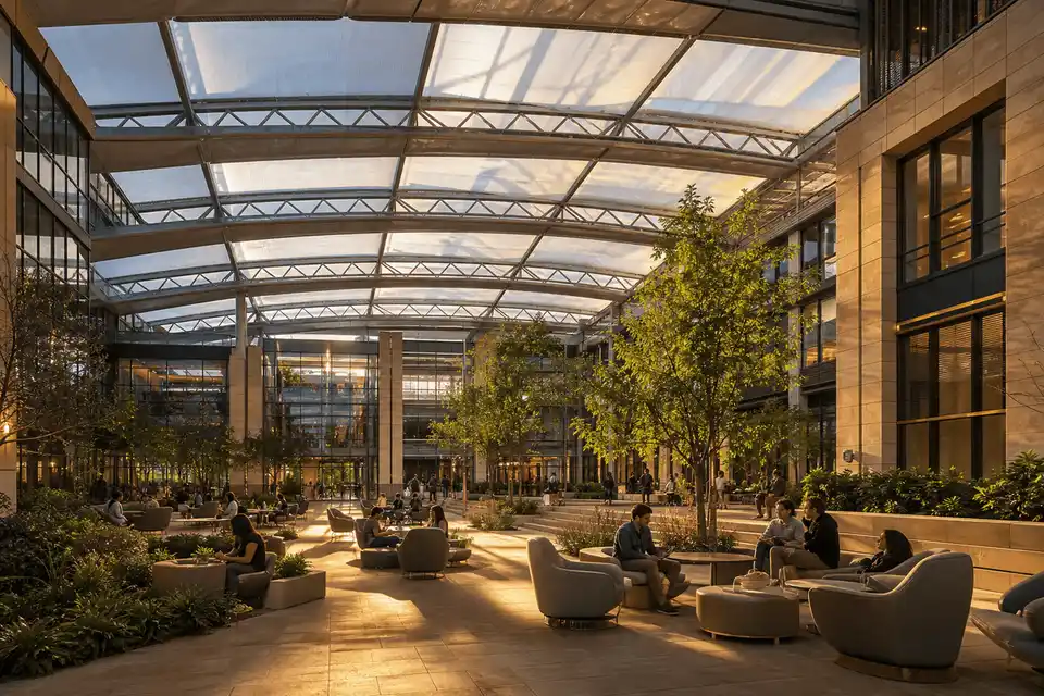 Daylit modern college campus with translucent ETFE atrium roof — College Campus ETFE Roofing systems