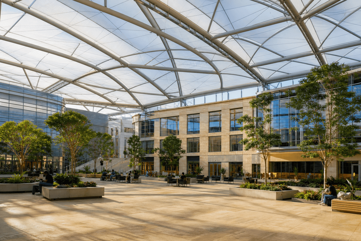 Completed college atrium with translucent ETFE roof