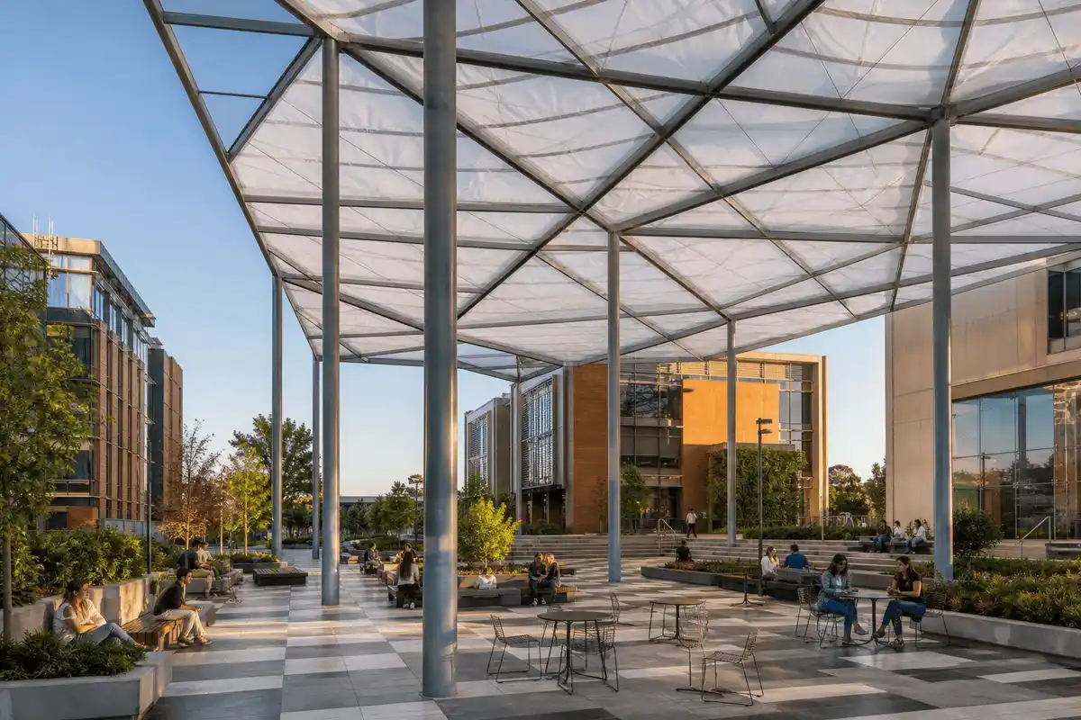College campus plaza with sweeping ETFE canopy — College Campus ETFE Roofing