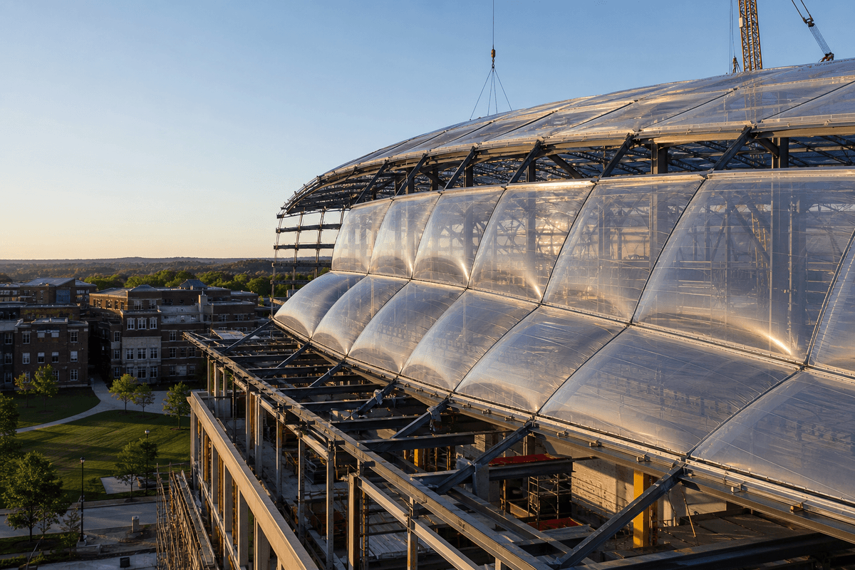 Still of multi-layer ETFE air cushion installation on a college roof