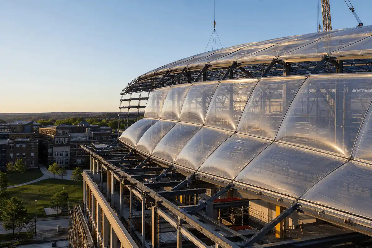 Still of multi-layer ETFE air cushion installation on a college roof — College Campus ETFE Roofing systems