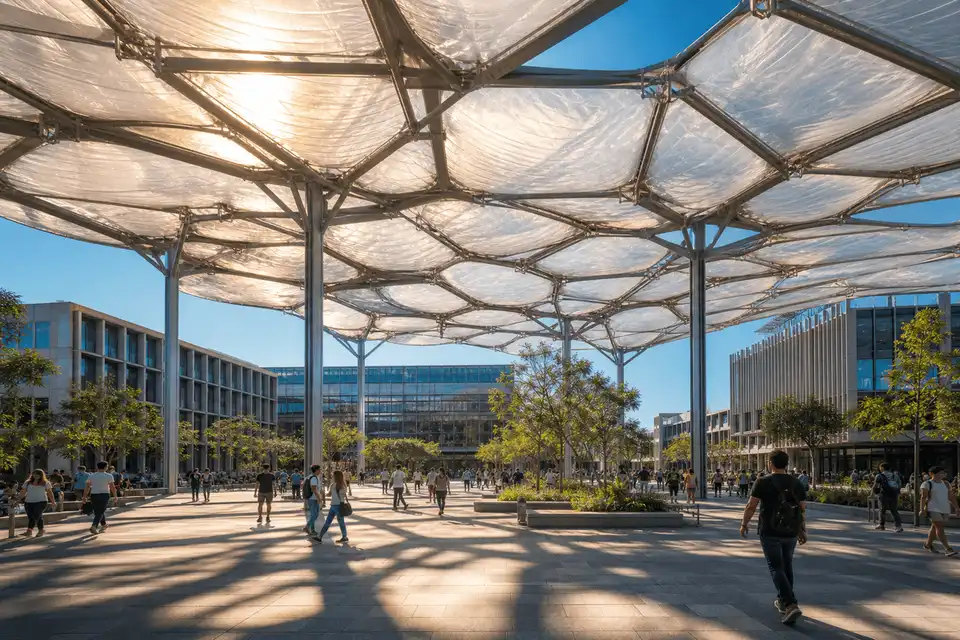 Still of daylight moving across a translucent ETFE college canopy — College Campus ETFE Roofing systems