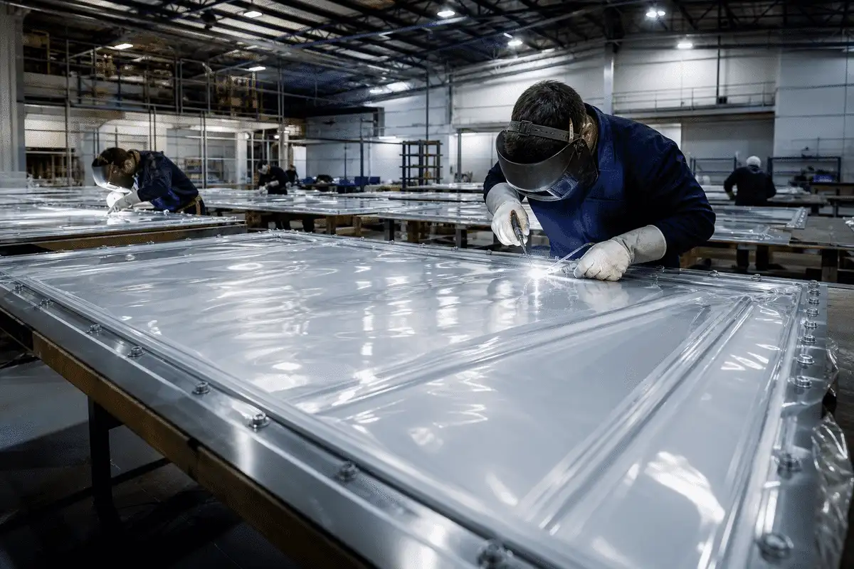Still of precision welding and fabrication of ETFE film modules — College Campus ETFE Roofing systems