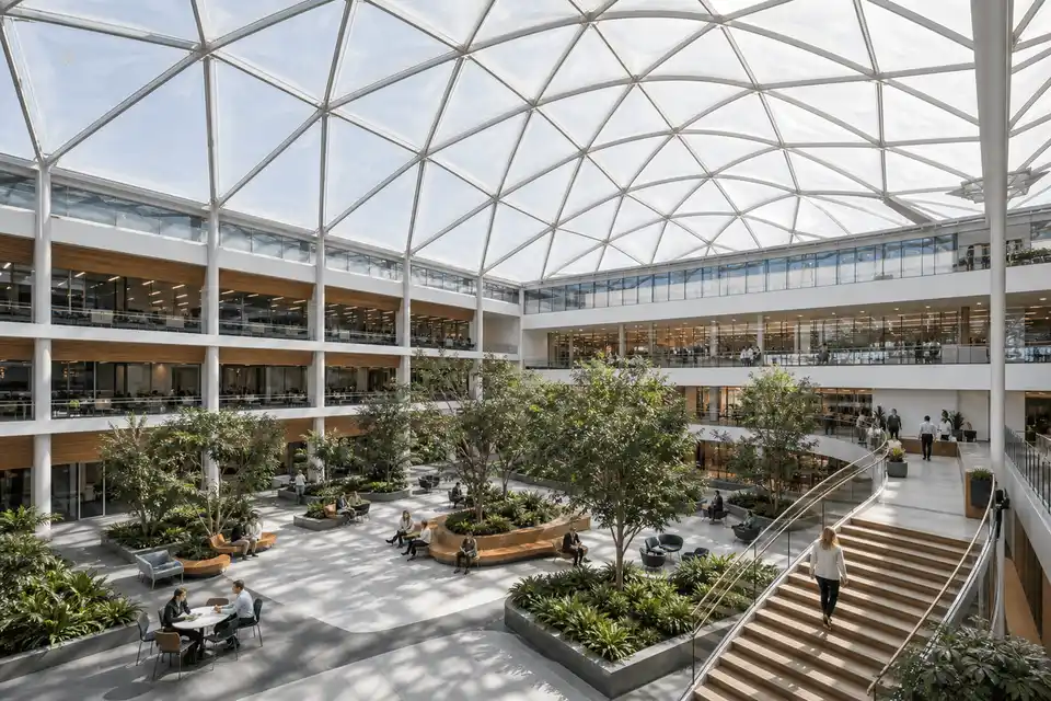 Natural daylight washing a commercial atrium through an ETFE roof — Commercial Building ETFE Roofing systems