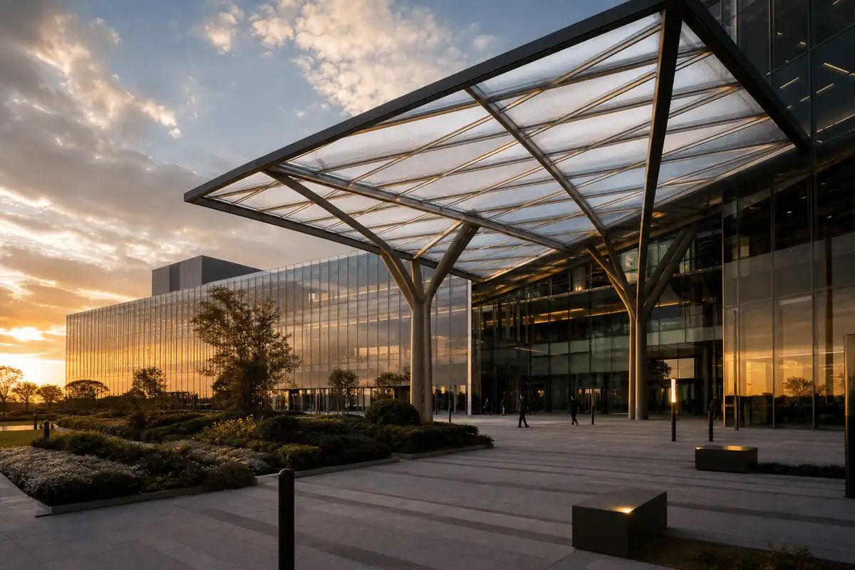Exterior silhouette of a modern commercial building ETFE roof — Commercial Building ETFE Roofing systems