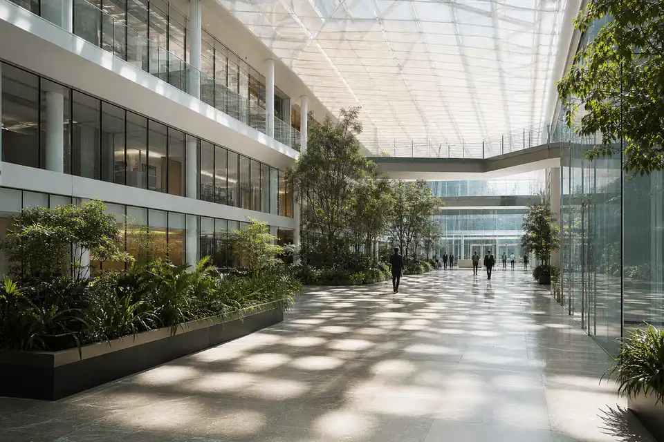 Lobby with a translucent ETFE ceiling plane — Commercial Building ETFE Roofing