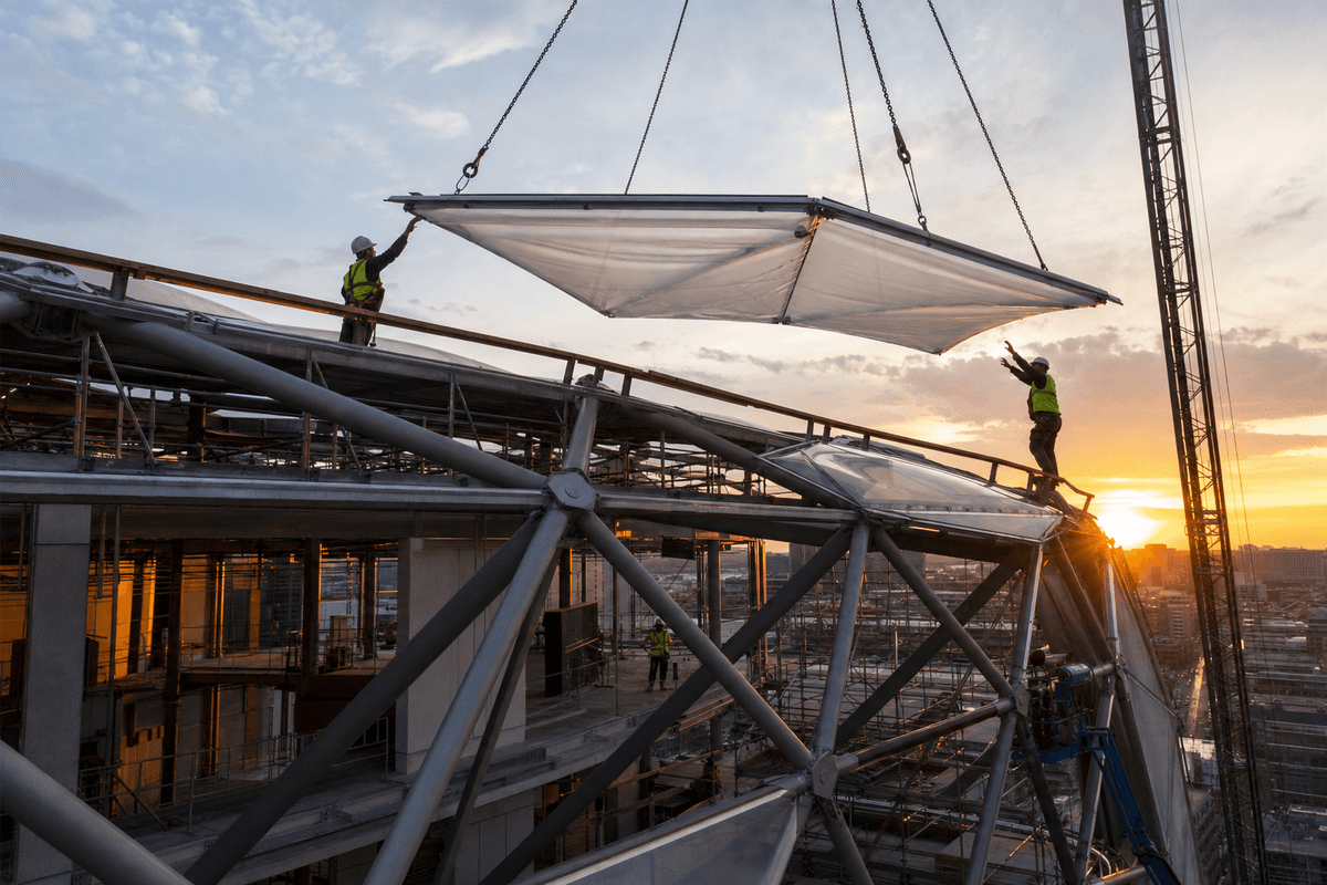 Construction stage installing ETFE modules on commercial steel grid