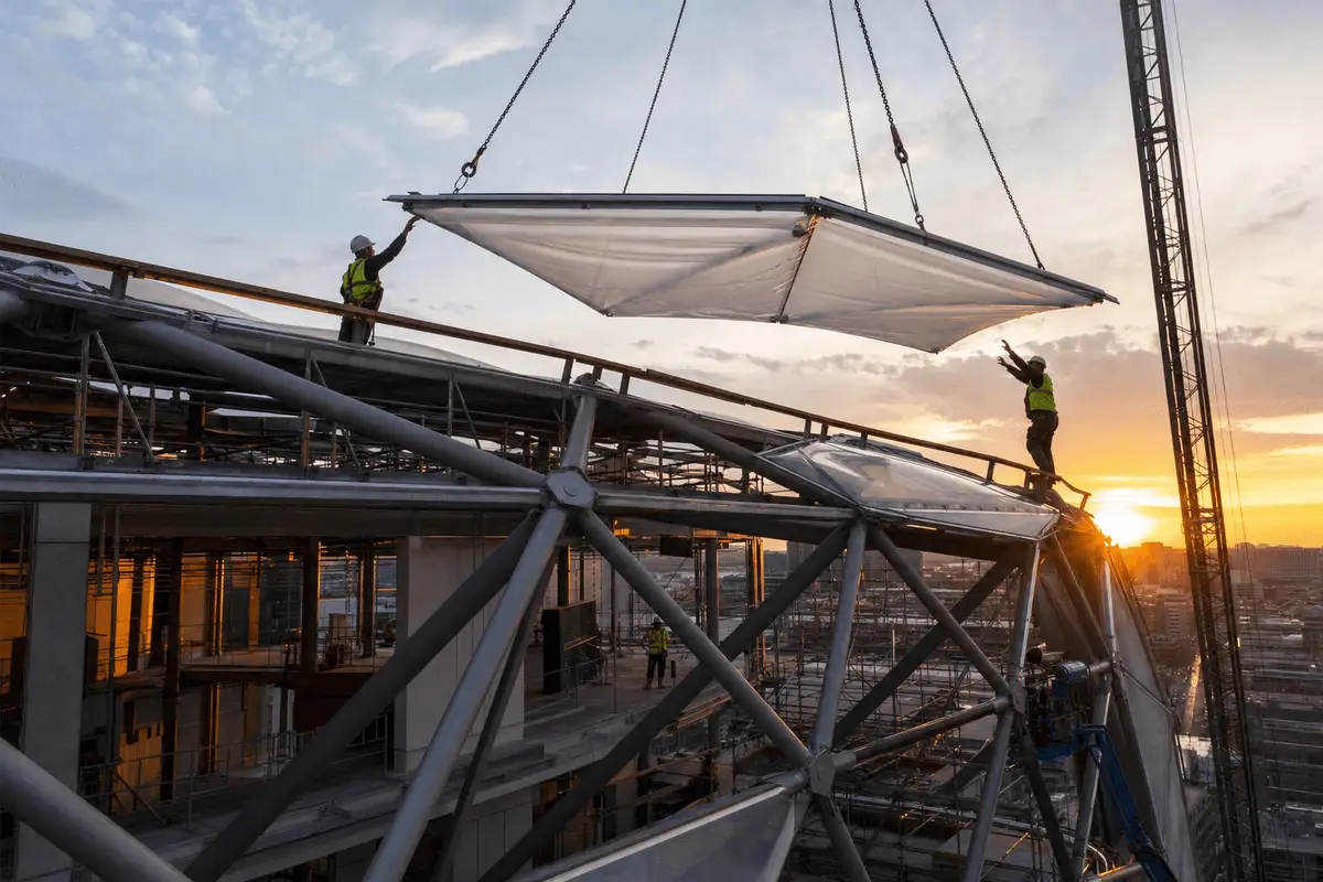 Construction stage installing ETFE modules on commercial steel grid — Commercial Building ETFE Roofing systems
