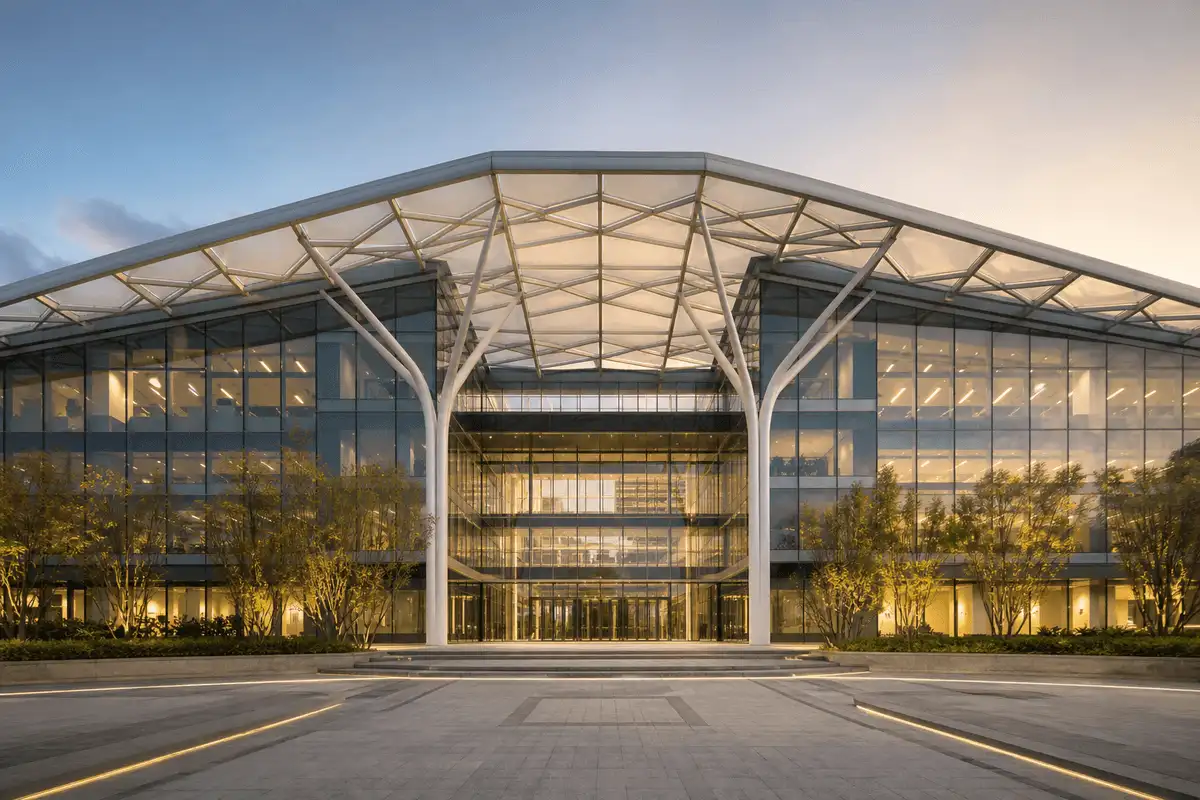 Completed commercial building with finished ETFE envelope — Commercial Building ETFE Roofing systems