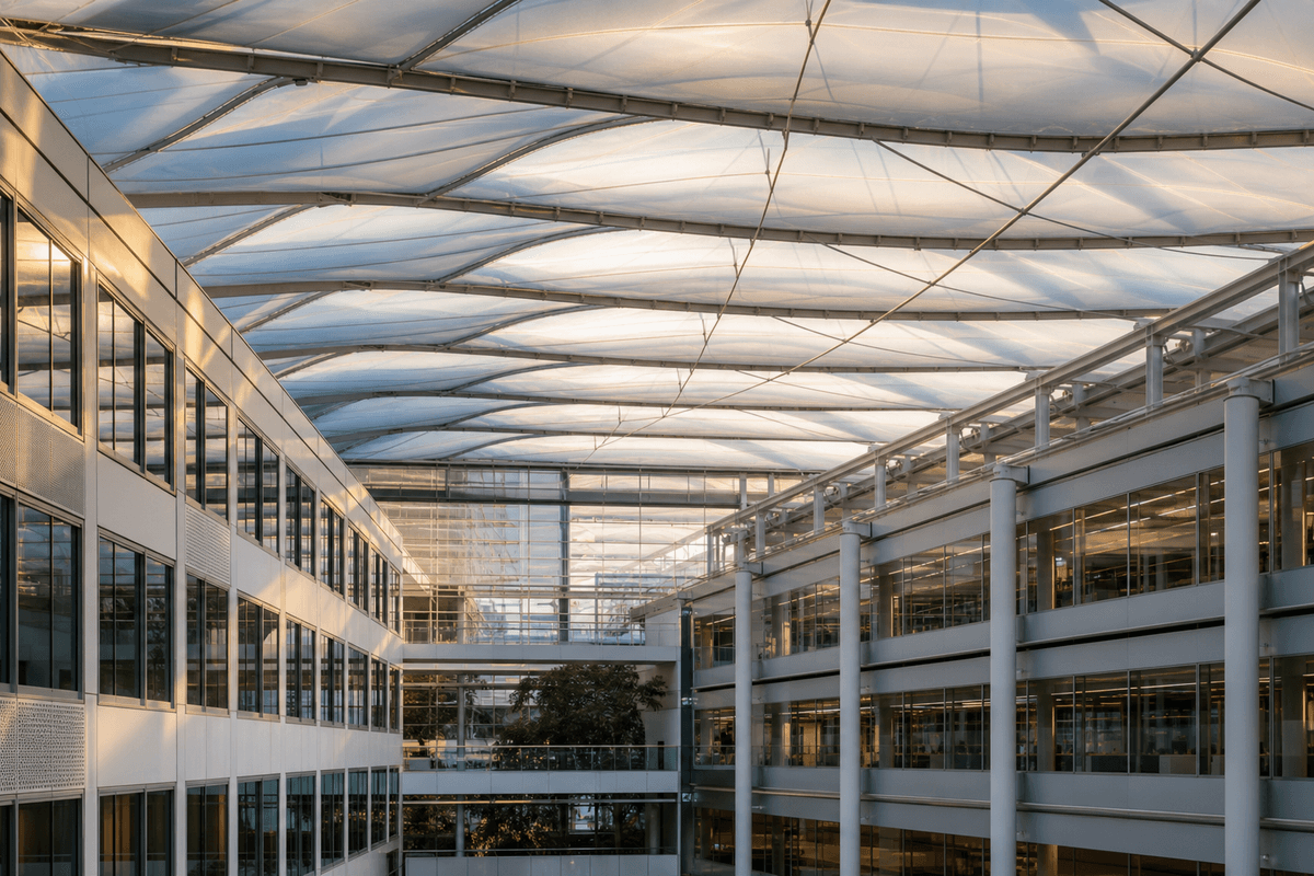 Daylit commercial atrium under a translucent ETFE roof