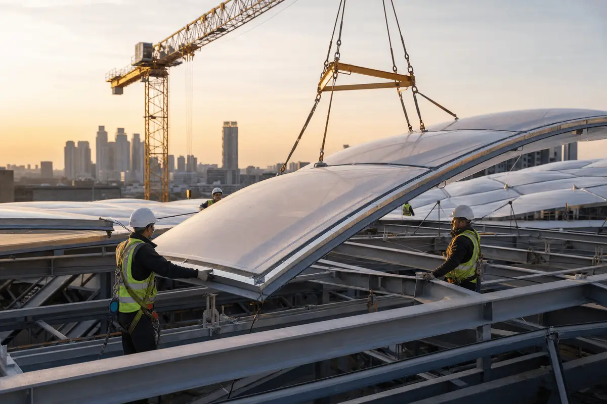 Construction crew installing ETFE cushion modules on a commercial building roof grid — Commercial Building ETFE Roofing systems