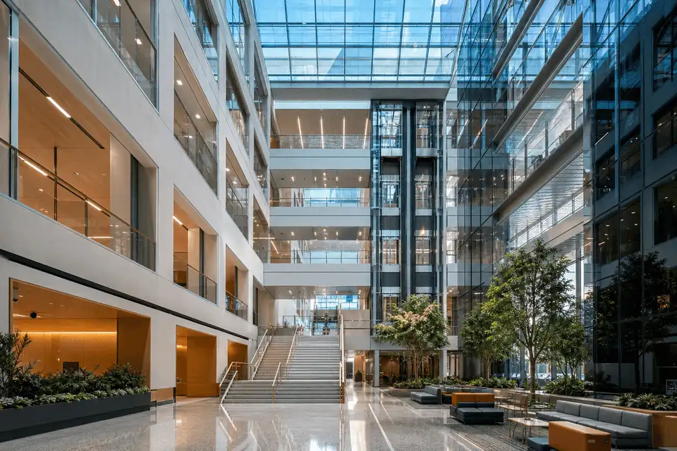 Completed commercial building with translucent ETFE atrium roof — Commercial Building ETFE Roofing systems