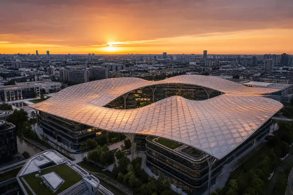 Still of daylight moving across a translucent ETFE commercial building canopy — Commercial Building ETFE Roofing systems