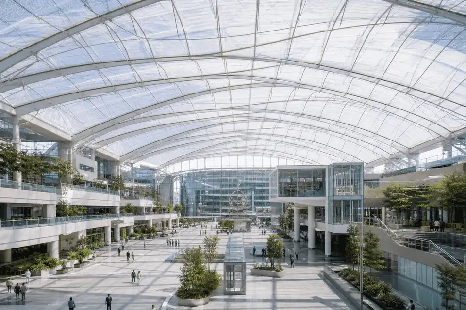 Long-span translucent ETFE roof over a corporate headquarters atrium — Corporate Headquarters ETFE Roofing systems
