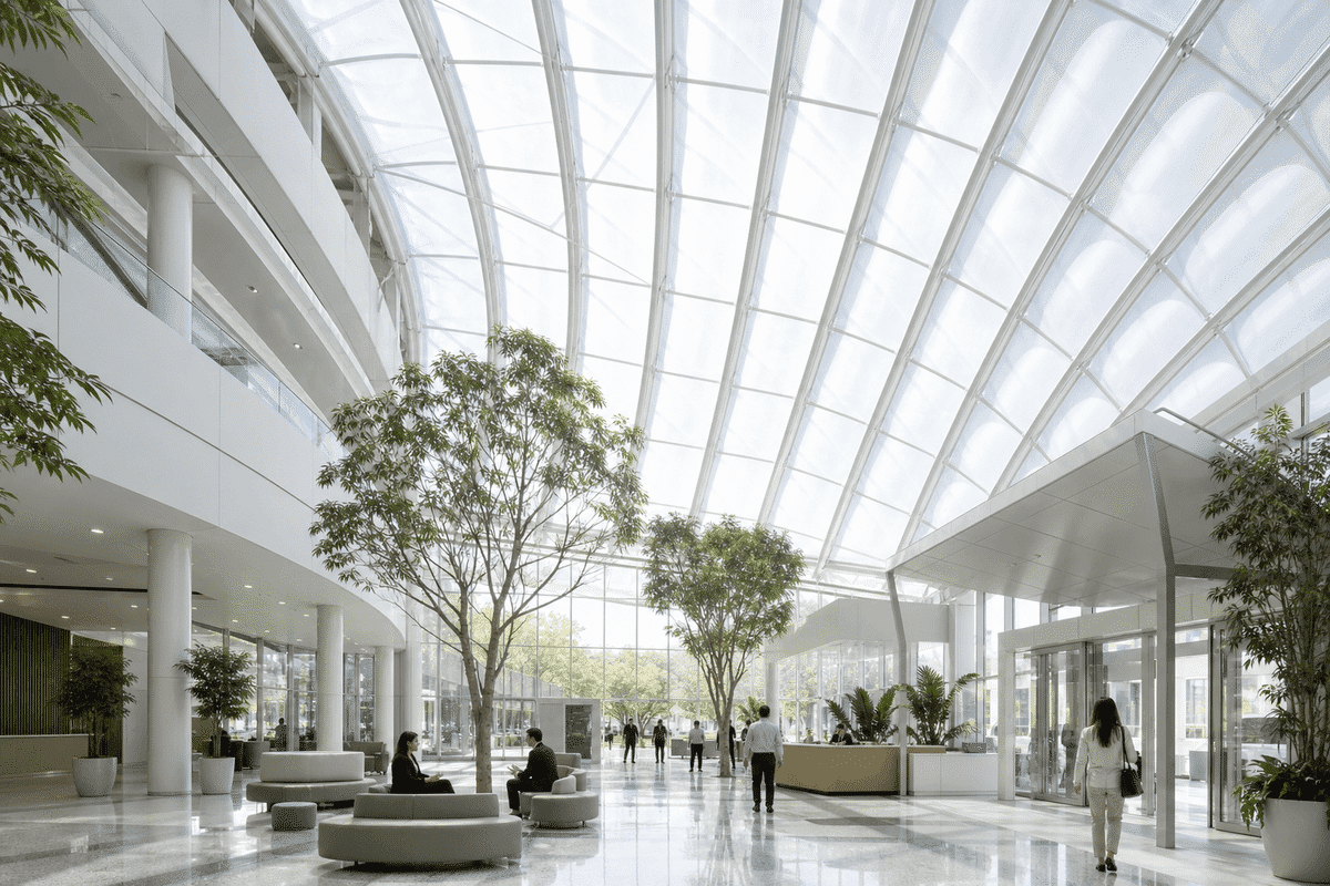 Natural daylight washing a corporate atrium through an ETFE roof