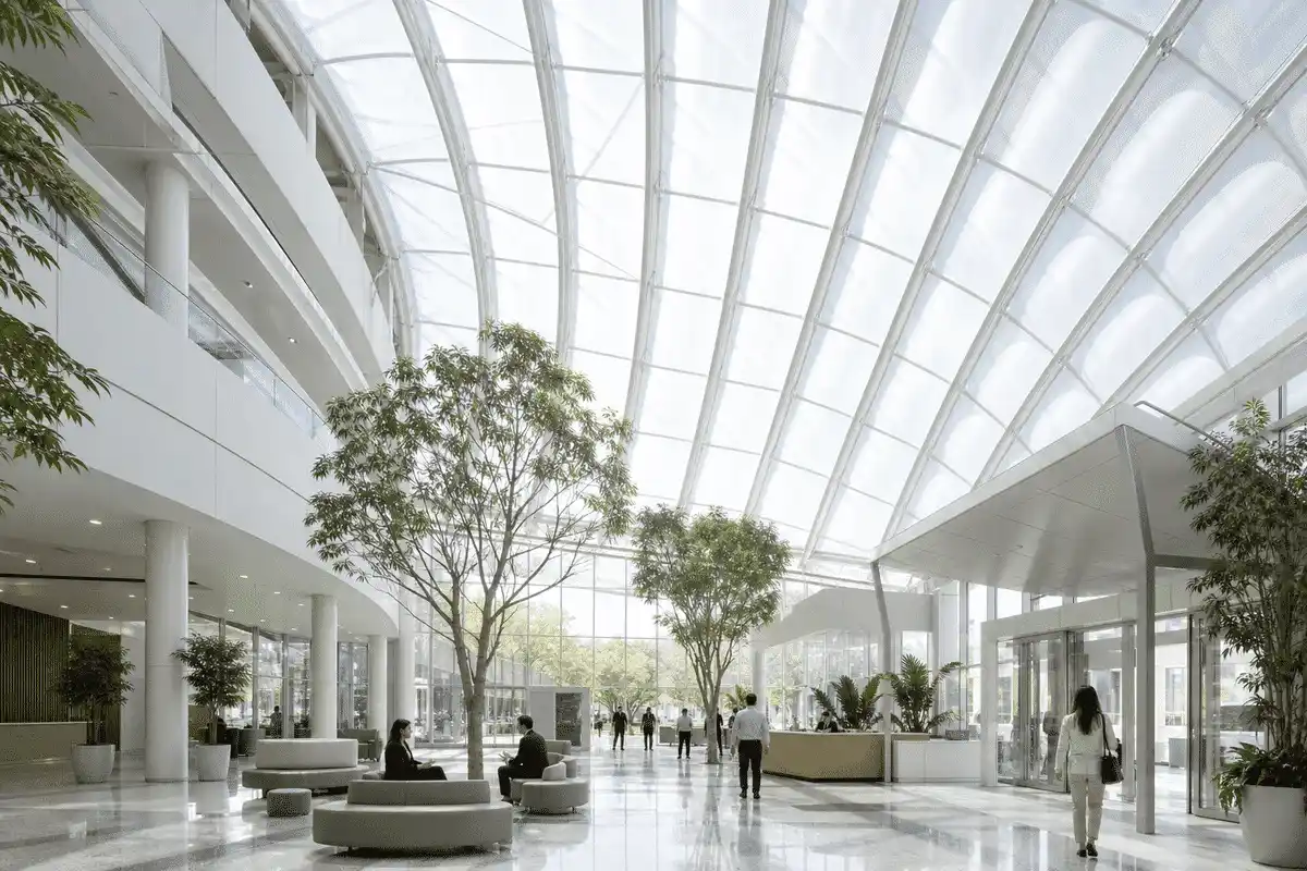 Natural daylight washing a corporate atrium through an ETFE roof — Corporate Headquarters ETFE Roofing systems