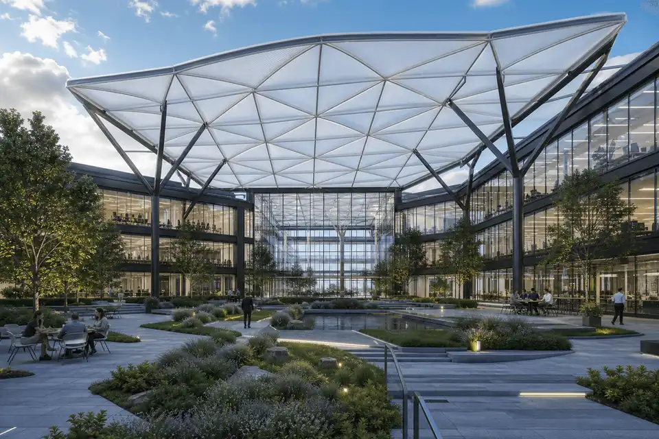 ETFE corporate headquarters roof under storm lighting and rain — Corporate Headquarters ETFE Roofing systems