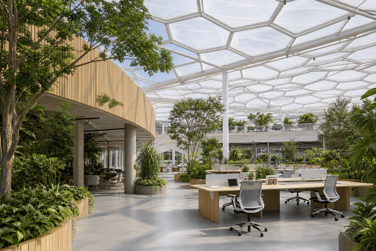 Campus atrium under a luminous ETFE air cushion roof