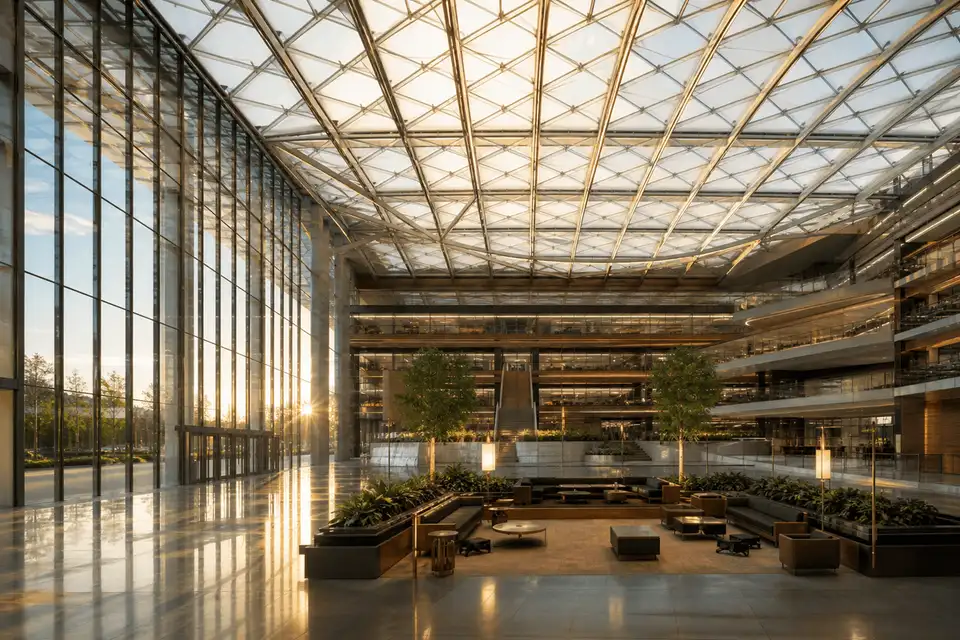Daylit corporate headquarters atrium under a translucent ETFE roof — Corporate Headquarters ETFE Roofing systems