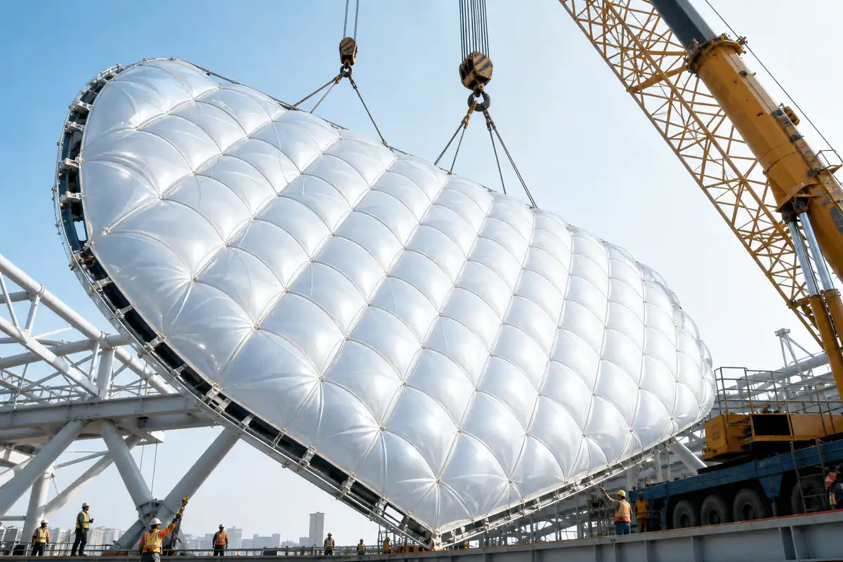 Construction crew installing ETFE cushion modules on a corporate headquarters roof grid — Corporate Headquarters ETFE Roofing systems