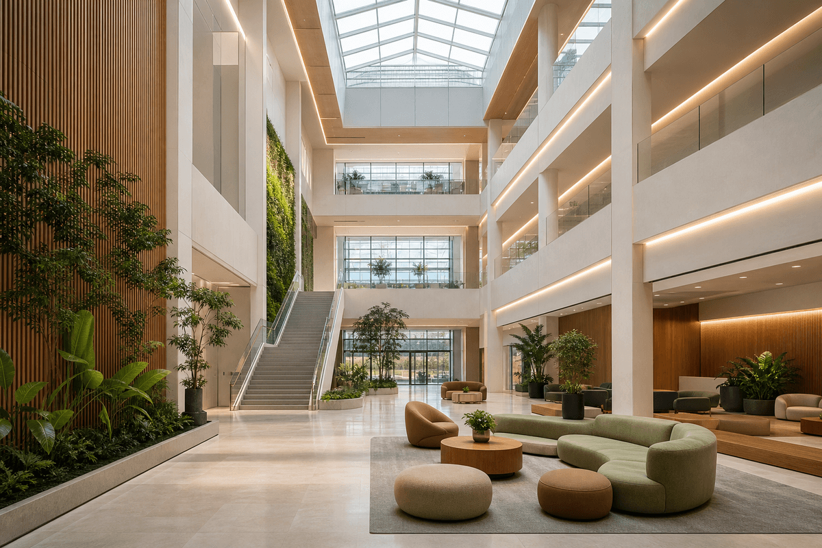 Completed corporate headquarters with translucent ETFE atrium roof