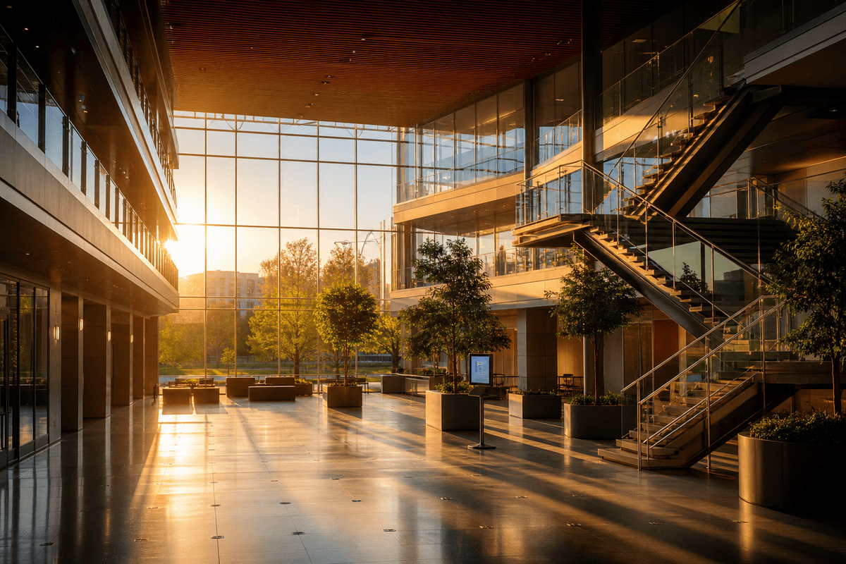 Still of daylight moving across a translucent ETFE corporate headquarters canopy