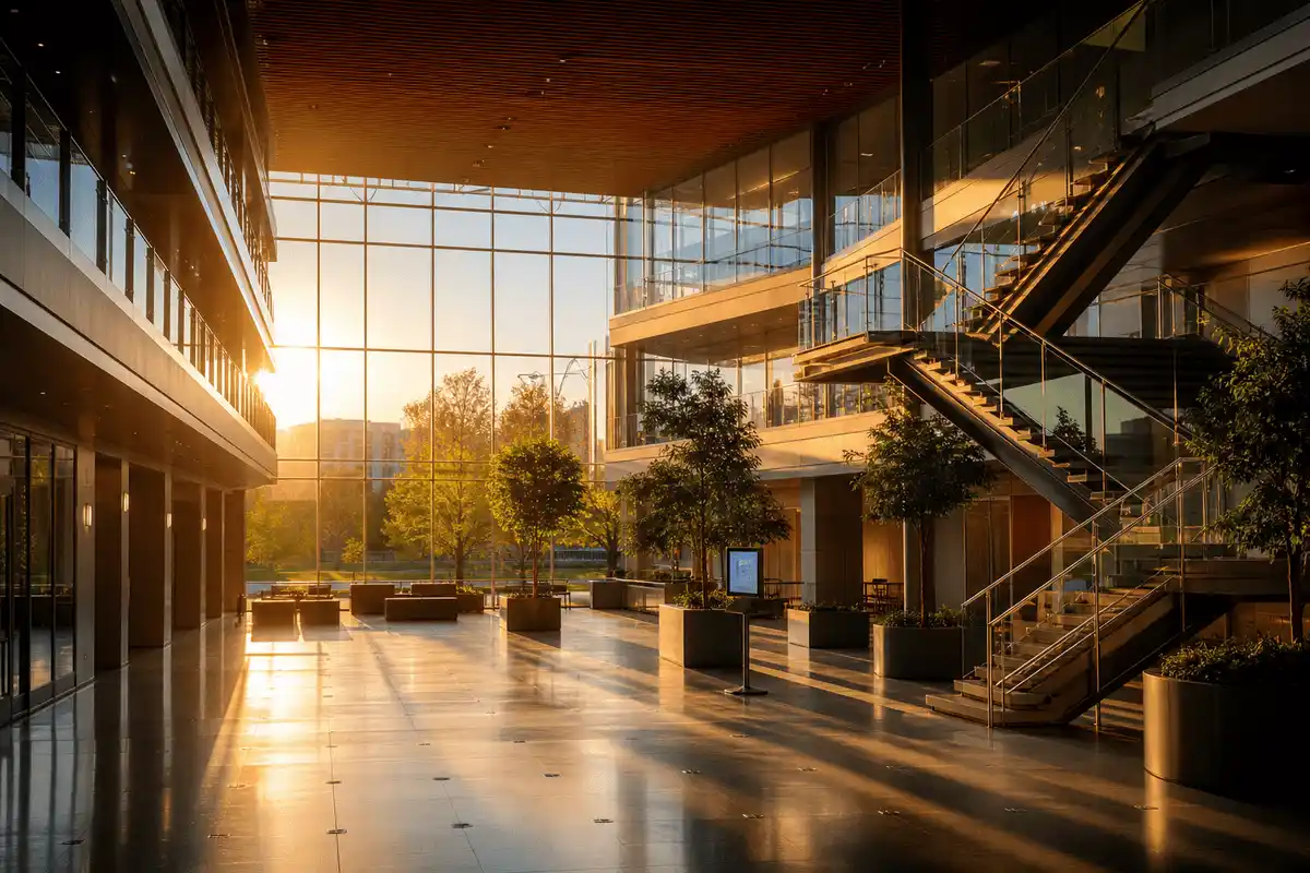 Still of daylight moving across a translucent ETFE corporate headquarters canopy — Corporate Headquarters ETFE Roofing systems